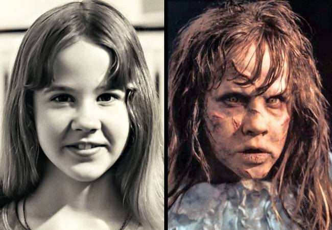 A kislány az Ördögűző című filmből smink nélkül és sminkkel.