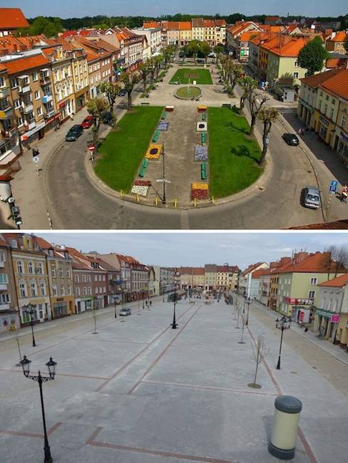 A lengyel Bartoszyce város főtere a felújítás előtt és után.