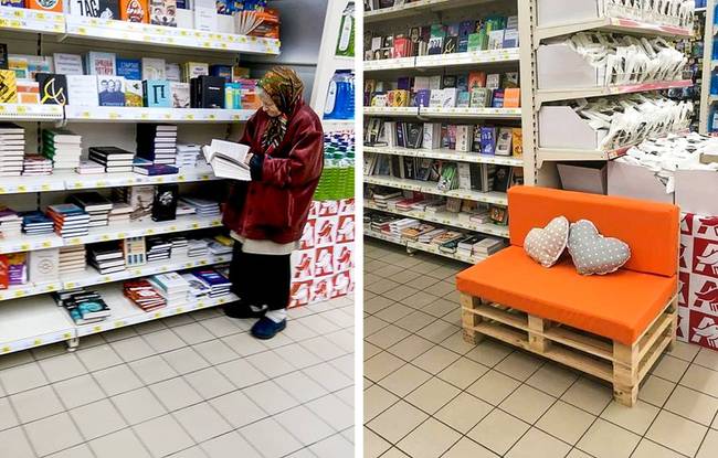 Ez a szegény idős hölgy 15 éve jár ebbe az üzletbe könyveket olvasni. A bolt alkalmazottai egy nap egy saját kis fotelt készítettek neki, hogy ne kelljen mindig álla olvasnia.