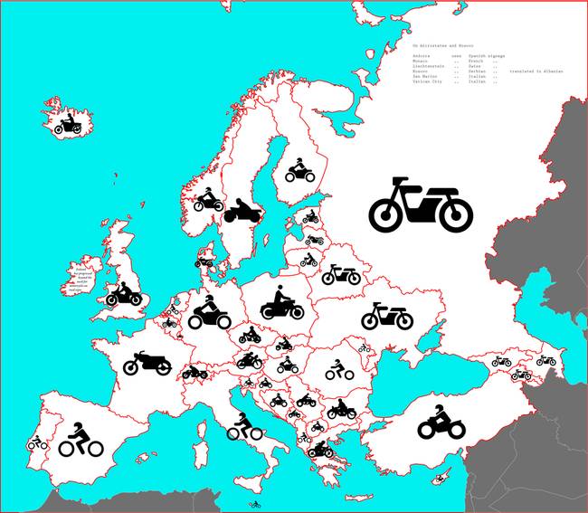 Így néznek ki a motorkerékpárok az európai országok útjelző tábláin.