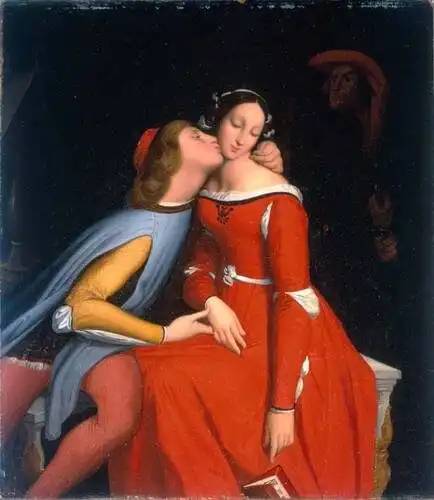 Paolo és Francesca, akiket Dante „Pokla” úgy ír le, mint akiket házasságtörés miatt átkoztak el. (Ingres, 1819).