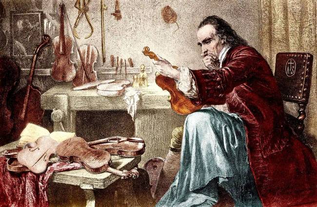 Stradivari kipróbál egy hangszert. XIX. századi metszet.