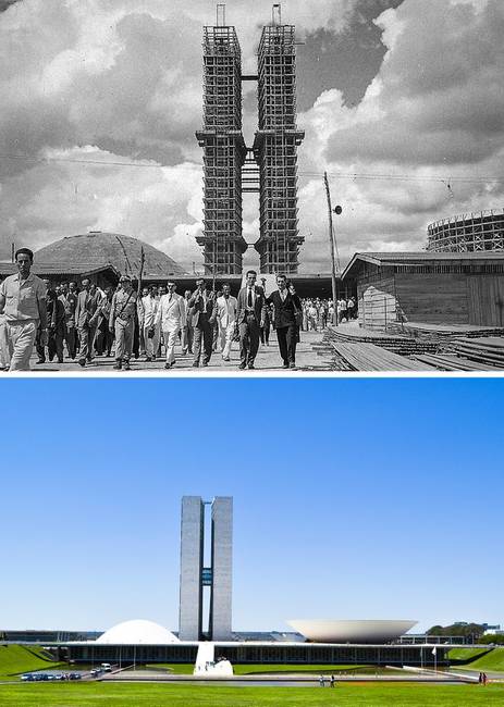 A brazil kormány székháza az 1959-es építkezés során, és most.