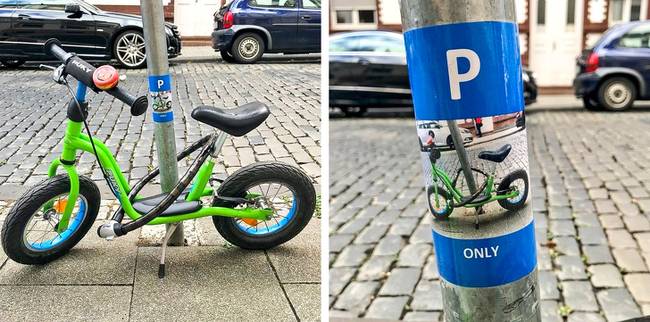 Németországban egy kisfiú egy éve minden nap ehhez az oszlophoz köti ki a bringáját. Az egyik nap valaki egy személyes parkolóhellyé alakította az oszlopot.