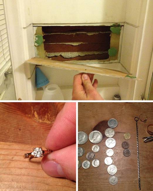 „Találtam egy titkos rejtekhelyet a mosogató felett, amiben valódi kincsek voltak: egy csomó régi érme és két gyűrű."