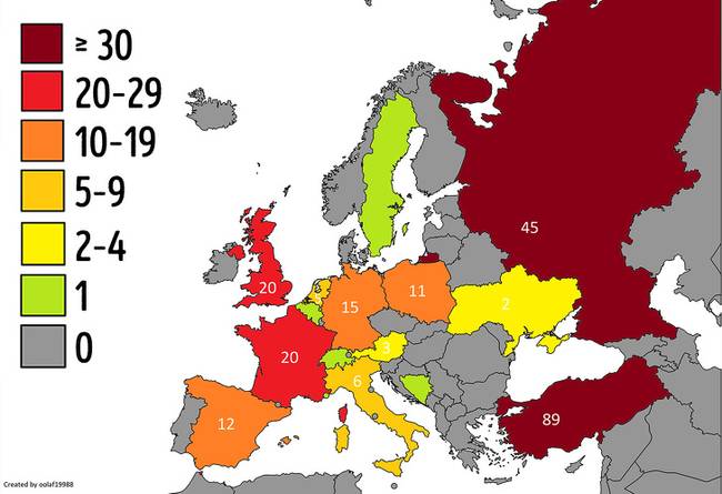 Felhőkarcolók számra Európában. (150 méternél magasabb)