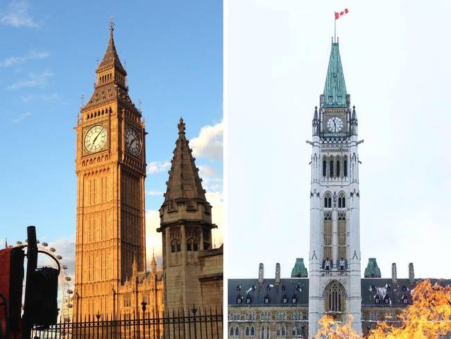 Big Ben (London, Egyesült Királyság) és a Peace Tower (Ottawa, Kanada).