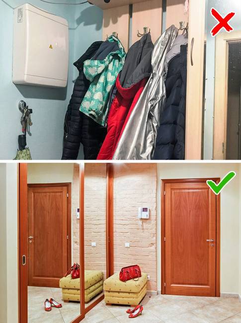 Kabátok tárolása a bejárat mellett.