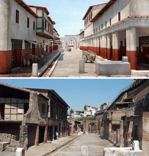 Herculaneum, Olaszország. I.u. 79-ben és ma.