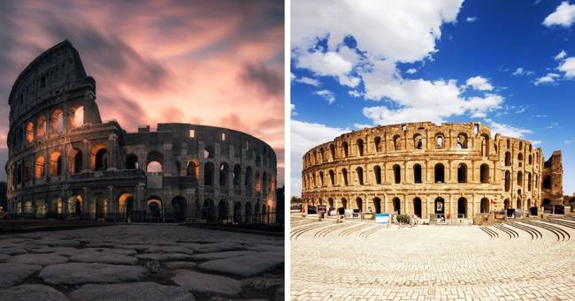 Colosseum (Róma, Olaszország) és az El Djembeni Amfiteátrum (Tunézia).