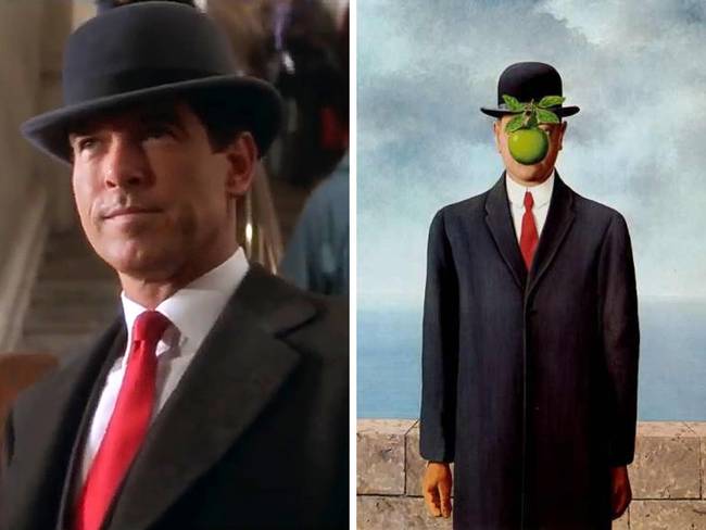 A John McTiernan-féle Thomas Crown ügy (1999) szintén egyértelmű utalás Rene Magritte Az ember fia (1964) című munkájára.