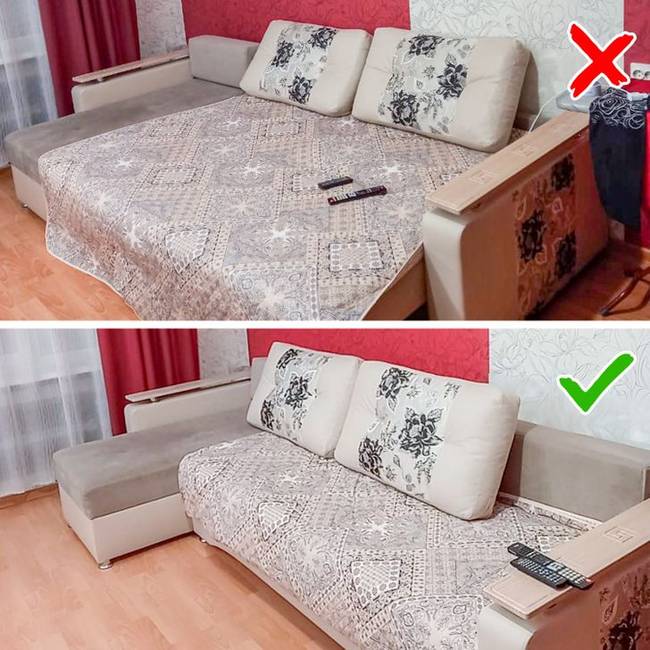 Alvás után kihúzva hagyott kanapé.