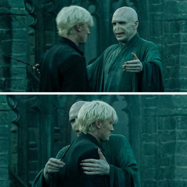 A jelenet, amelyben Voldemort átöleli Dracót a Halál ereklyéi végén, teljesen rögtönzött. Ezért olyan meglepett Draco.