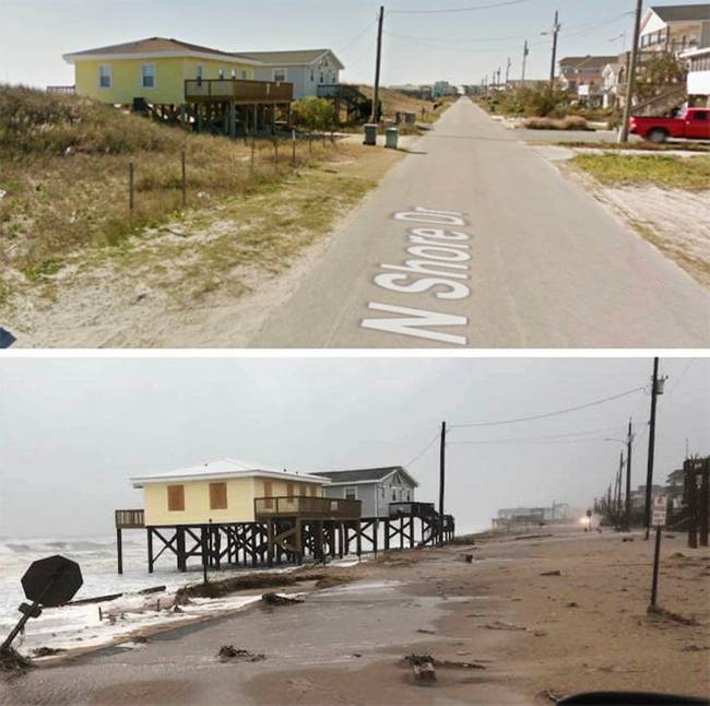Az észak-karolinai Surf City település egyik utcája, hurrikán előtt és után.
