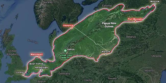 Új-Guinea szigete a térképen aprónak tűnik, pedig a valóságban hatalmas.