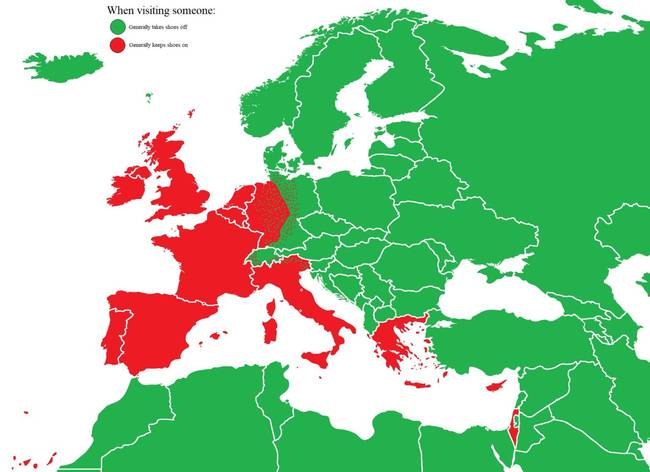 A piros színű országokban az emberek nem szokták levenni a cipőjüket, amikor belépnek a házba.