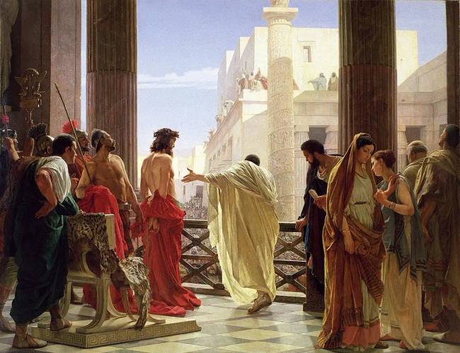 Antonio Ciseri „Íme, az Ember!” című festményén Poncius Pilátus a megostoroztatott Jézust mutatja be Jeruzsálem lakóinak, a jobb sarokban pedig Pilátus gyászoló felesége látható.