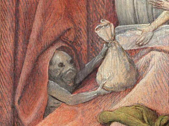 Hieronymus Bosch holland festőművész „A fösvény halála” című festményének egy részlete.