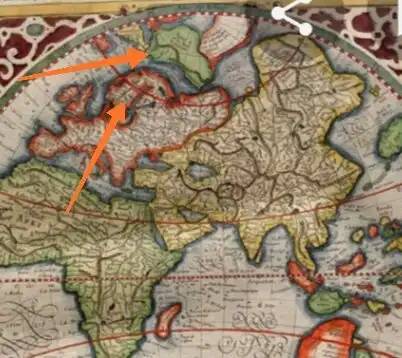 G. Mercator térképe, amelyen nyilakkal jelöltem a Skandináv-félszigetet és Hüperboreát.