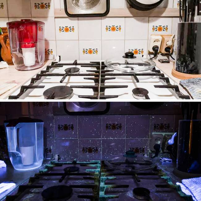 Ultraibolya fény alatt még a legtisztább konyha is megmutatja a "piszkos" titkait.