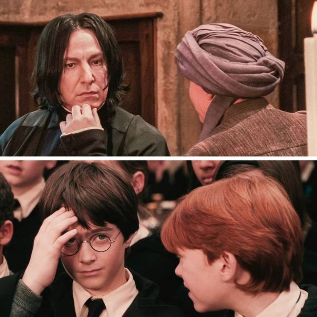 A bölcsek kövében Harry sebhelye nem Piton tekintete miatt kezd égni, hanem azért, mert Mógus professzor, akinek a tarkóján Voldemort rejtőzött, épp elfordította a fejét.