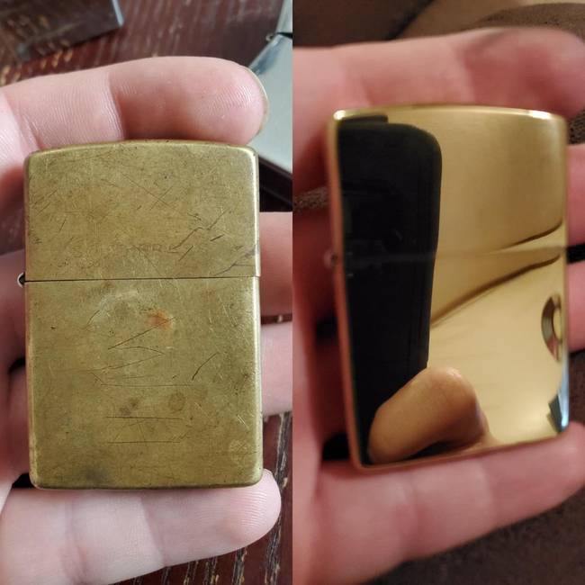 1995-ös Zippo öngyújtó, polírozás előtt és után.