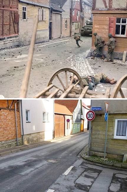 Ugyanaz az utca a háború alatt és most.