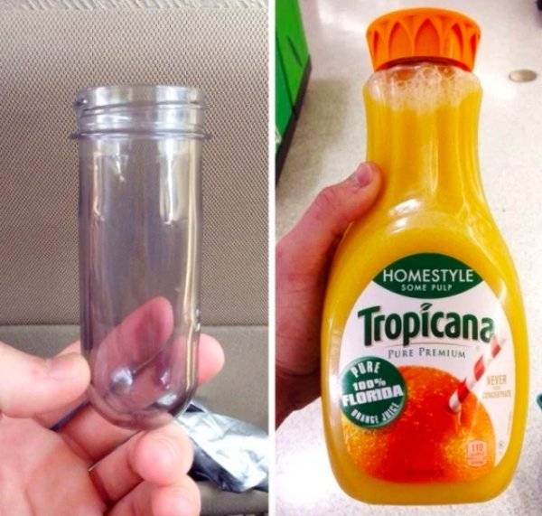 Tropicana palack a feldolgozás előtt és után.