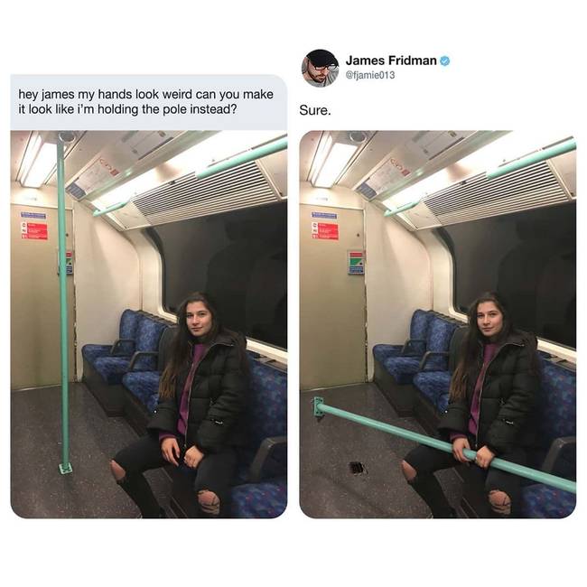 „James, a kezeim nagyon furcsán néznek ki. Meg tudnád oldani, hogy úgy tűnjön, mintha fognám a kapaszkodót?"