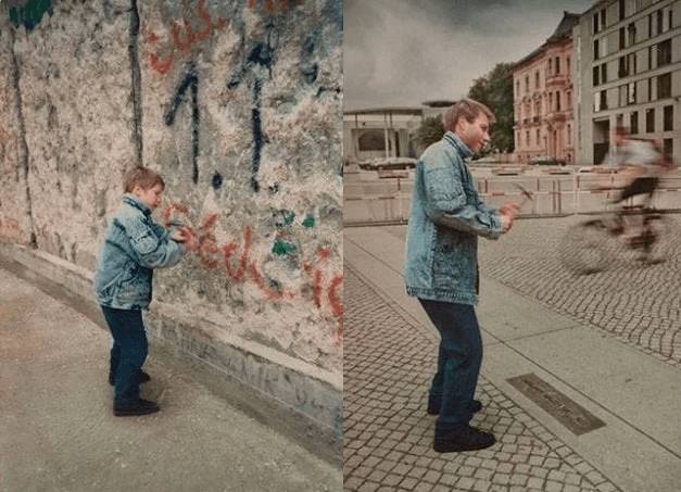 A berlini fal leomlása előtt és után készült fotó.