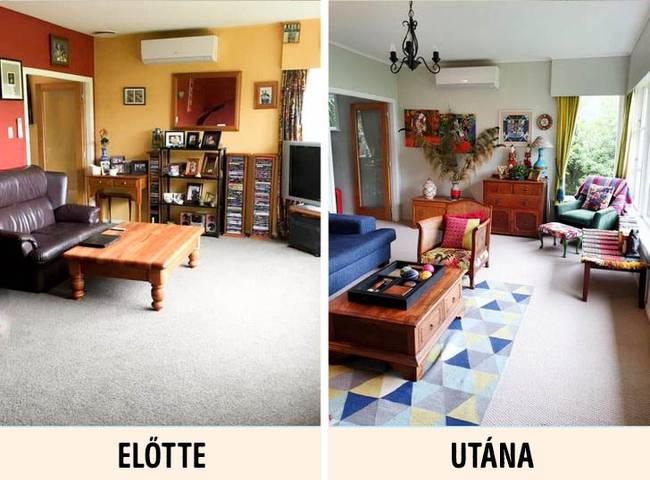 „Előtte és után: a nappalink a házvásárlás után és most."