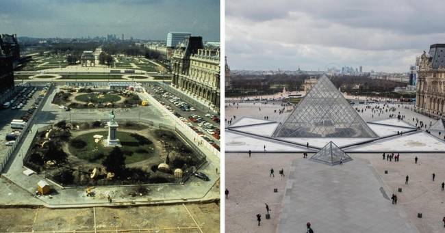 A párizsi Louvre Múzeum az ikonikus piramis építése előtt és után.