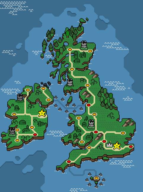 Nagy-Britannia Super Mario World-stílusú térképe.