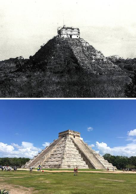 A mexikói Chichén-Itzá 1892-ben és most.