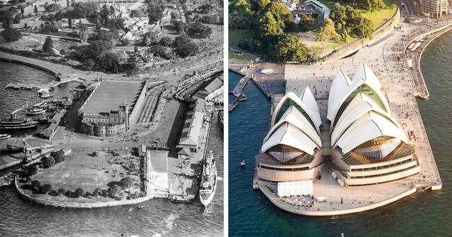 Port Jackson kikötő a Sydney-i Bennelong Point-on, a Sydney Operaház építése előtt és után.