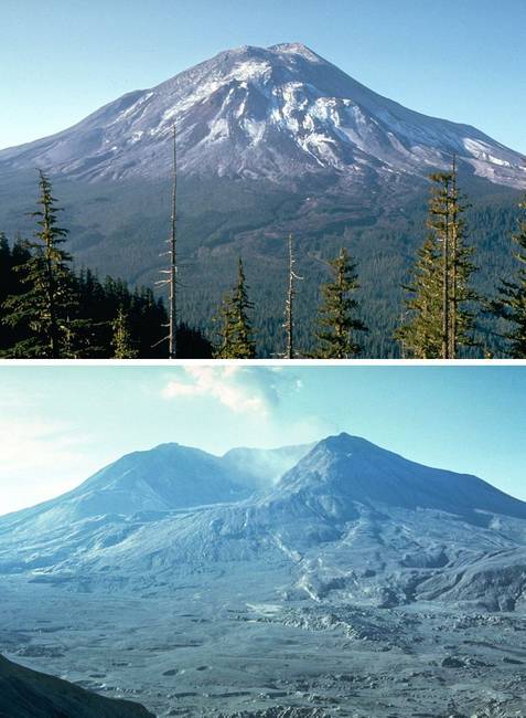 A Mount Saint Helens vulkán az 1980-as kitörése előtti napon, és négy hónappal utána.