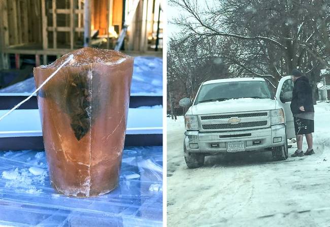 „A kinti hőmérséklet -30°C. Az első képen a ma reggel vásárolt teám látható, a másodikon pedig a főnököm, aki ilyenkor is rövidnadrágban jár."