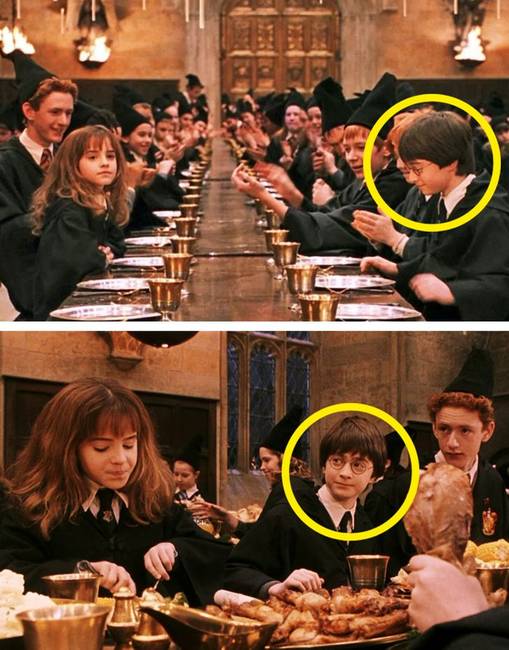 Amikor a Teszlek Süveg a griffendéles diákokhoz küldi Harryt, először Ron mellé ül, de a következő jelenetben már Hermione van mellette.