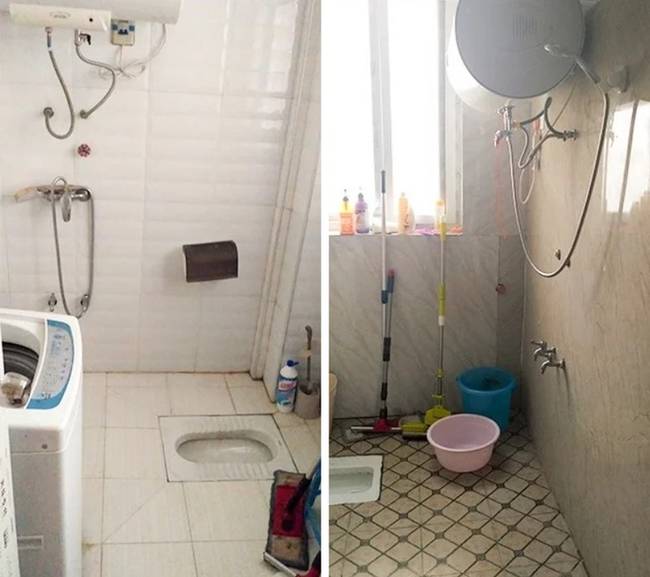 A zuhanyból és a mosógépből kifolyó víz is közvetlenül a WC-be csurog. A lakásokban nincs fürdőkád csak zuhanyzó, ami közvetlenül a WC fölött található.