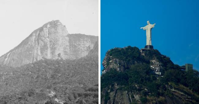A Corcovado-hegy Rio de Janeiróban, a Megváltó Krisztus szobor megépítése előtt és után.