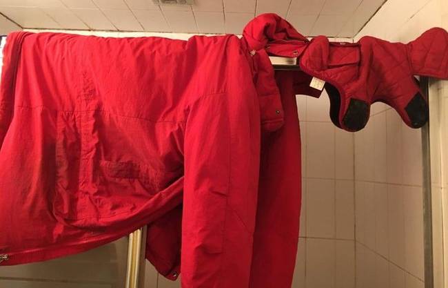 „Apám ''nem akart kutyát''. Most így akasztja fel a kutya és a saját kabátját, miután együtt mentek sétálni az esőben.''