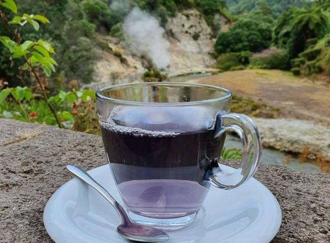 „A zöld tea színe lilára változott, miután forró forrásvízzel főztem le az Azori-szigeteken."