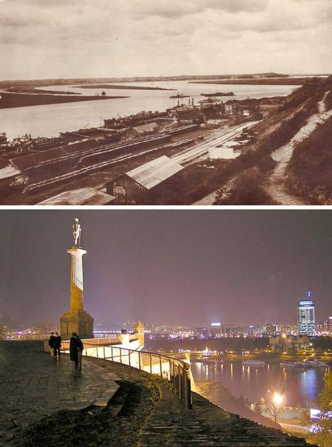 A Száva folyó töltésének építése Belgrádban, 1925-ben, és a folyó partja napjainkban.