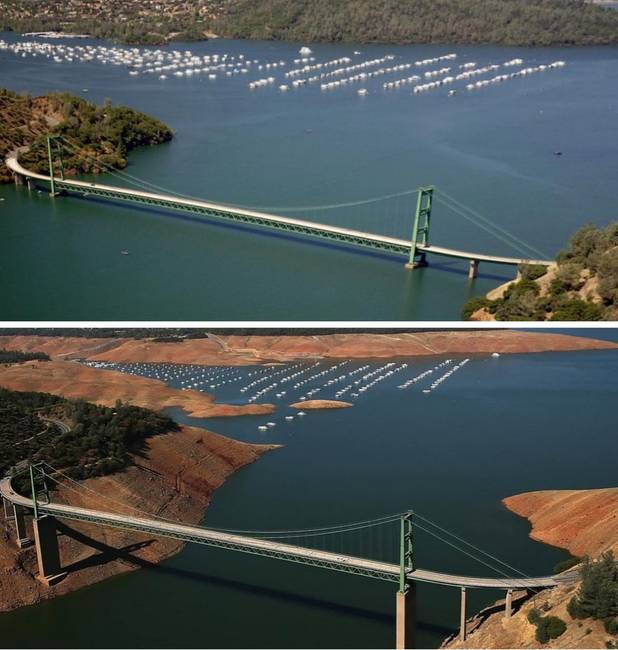 Az Egyesült Államokban rendszeresen lecsapolt Oroville-tó 2011-ben és 2014-ben.