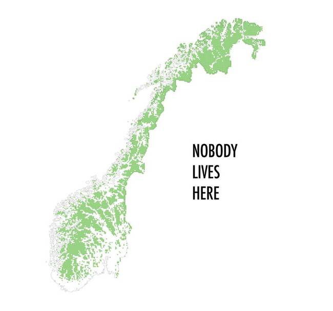 Norvégia zöld színnel jelzett területei teljesen lakatlanok.