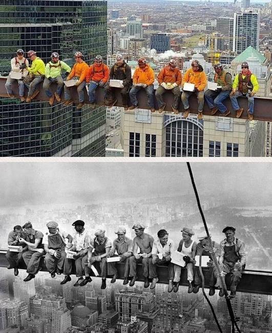 A chicagói építőmunkások újrakészítik az ikonikus „Ebéd a felhőkarcoló tetején” fotót, melyet eredetileg 1932-ben készítettek.