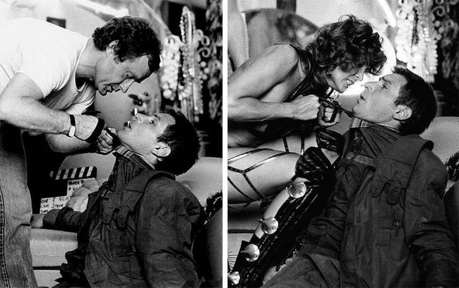 Itt épp Ridley Scott mutatja, hogy kell rendesen fojtogatni Harrison Ford-ot a Szárnyas fejvadász című film forgatásán.
