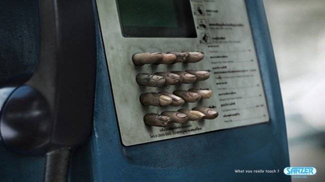 Kézfertőtlenítő krém/kendő reklámhirdetése, mely remekül rávilágít, hogy mit is fogdosunk valójában egy-egy nyilvános dolog (pl. telefon) megérintésekor.
