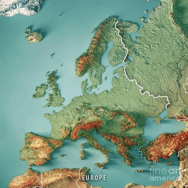 Háromdimenziós domborzati térkép, amin jól látható, hogy hol vannak hegyek, és hol vannak síkságok Európában.