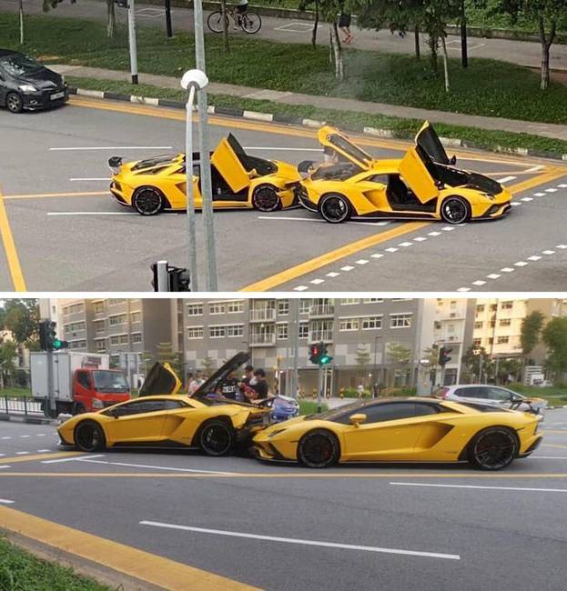 Szingapúrban egy sárga Lamborghini Aventador ütközött egy másik sárga Lamborghini Aventadorral.